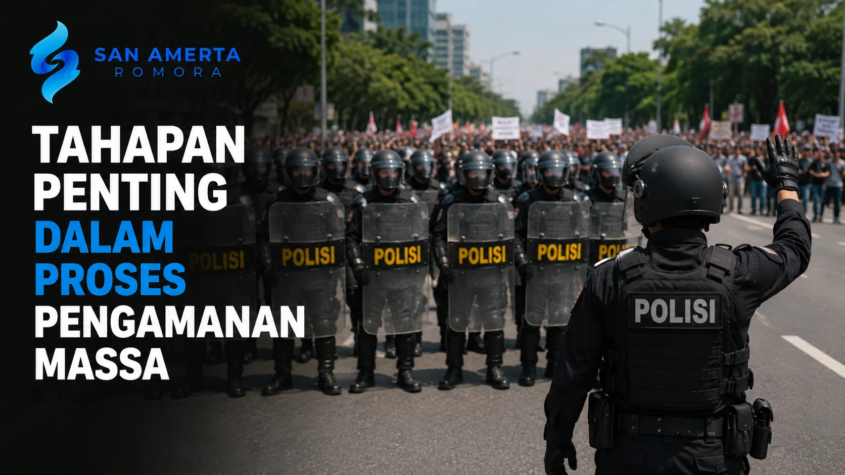 Prosedur Pengamanan Massa yang menggambarkan tahapan pengendalian situasi oleh personel menggunakan perlengkapan pengamanan secara terkoordinasi.