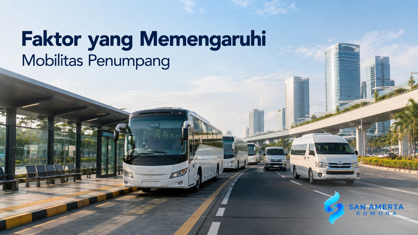 Bus pariwisata dan micro bus shuttle beroperasi di kawasan transportasi modern sebagai ilustrasi faktor yang memengaruhi mobilitas penumpang