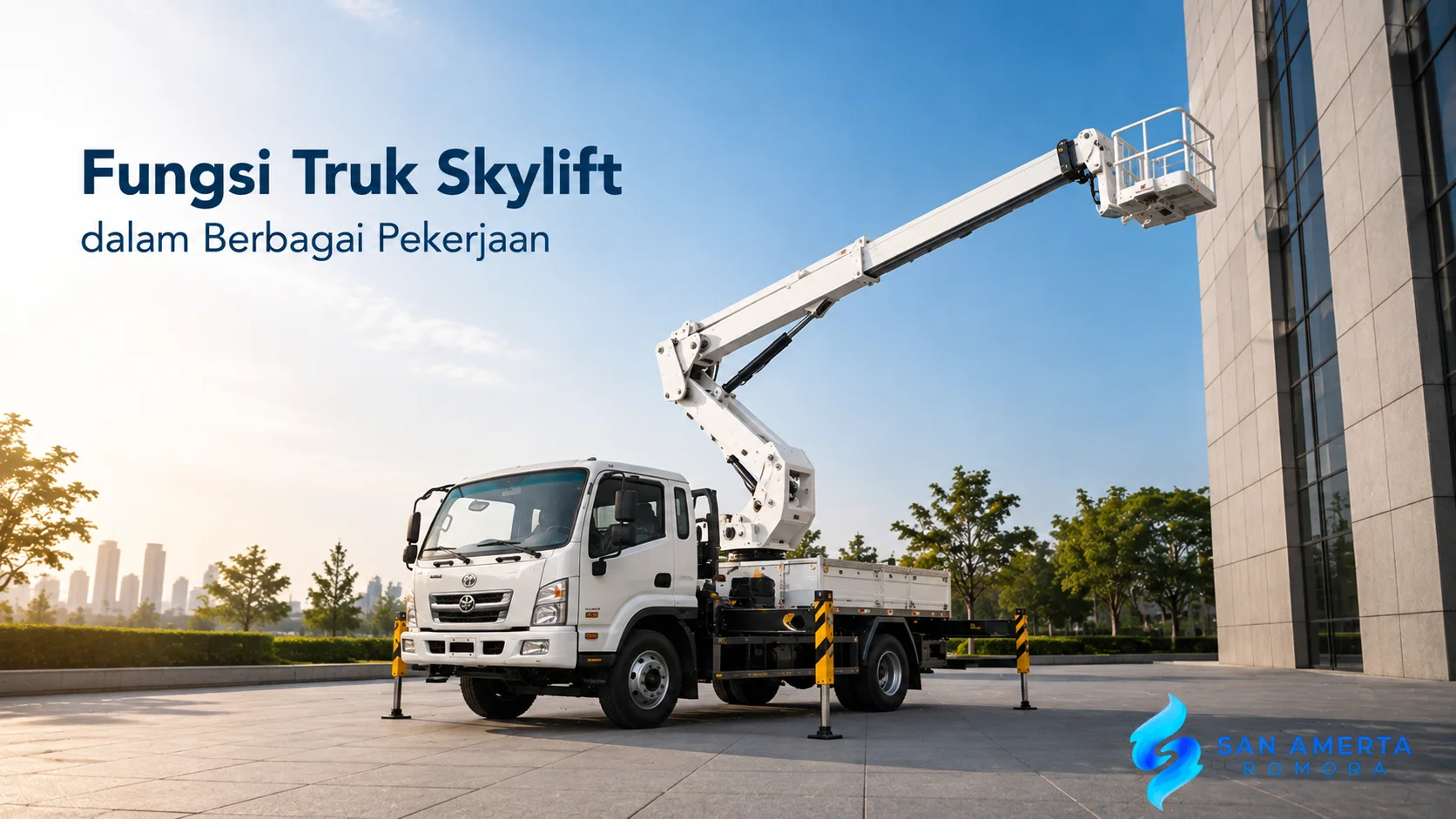 Truk skylift dengan boom hidrolik dan bucket kerja yang digunakan untuk mendukung berbagai pekerjaan di area berketinggian secara aman dan efisien