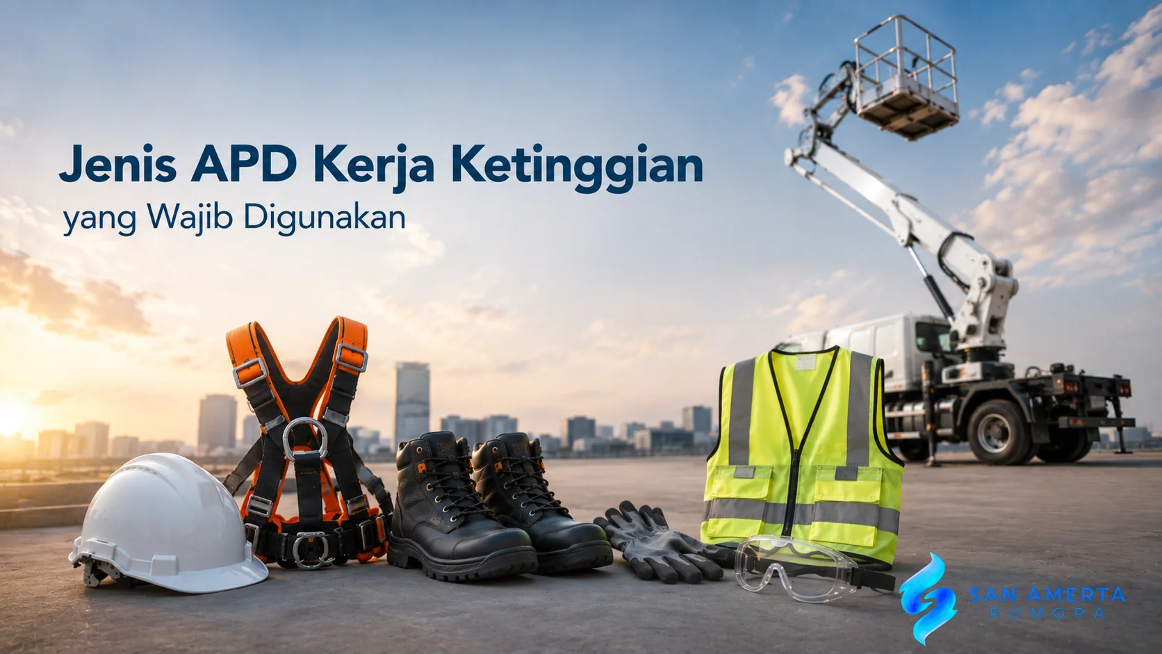 APD kerja ketinggian meliputi helm keselamatan, full body harness, sepatu safety, sarung tangan, rompi reflektif, dan kacamata pelindung untuk operator skylift.