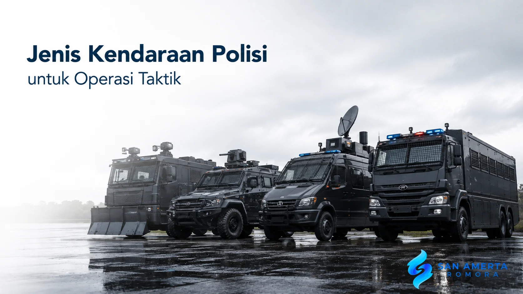 Deretan kendaraan taktik kepolisian seperti mobil Dalmas, kendaraan komando, kendaraan taktis, dan water cannon yang digunakan untuk mendukung berbagai operasi lapangan