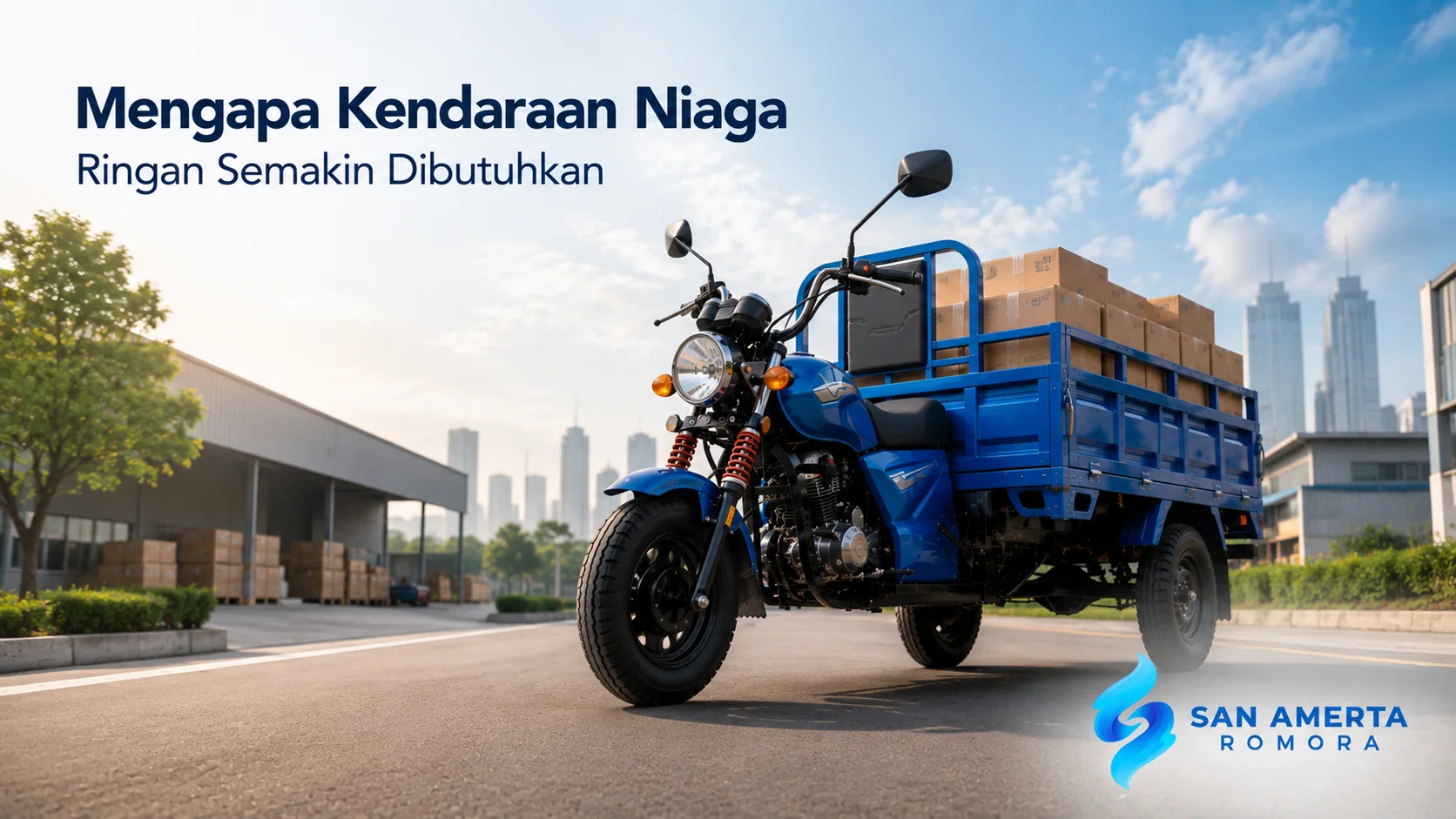 Motor roda tiga niaga dengan bak angkut di kawasan pergudangan sebagai solusi transportasi barang yang efisien untuk berbagai kebutuhan operasional