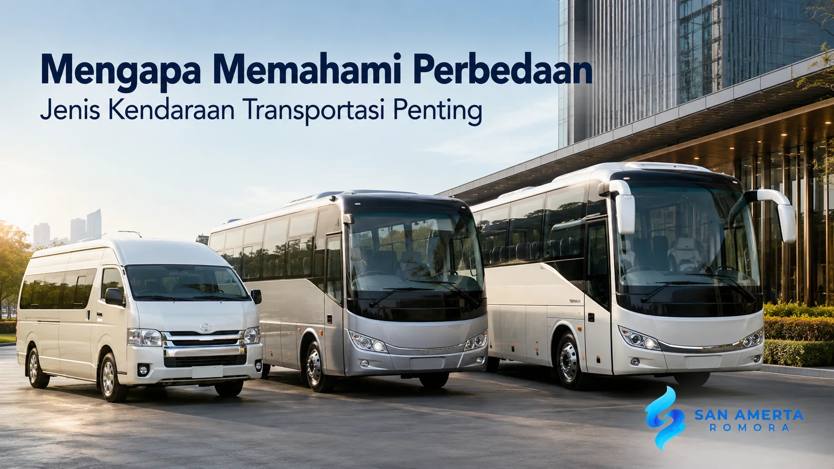 Micro bus shuttle, bus pariwisata, dan kendaraan travel berjajar sebagai ilustrasi perbedaan jenis transportasi berdasarkan kapasitas dan kebutuhan perjalanan