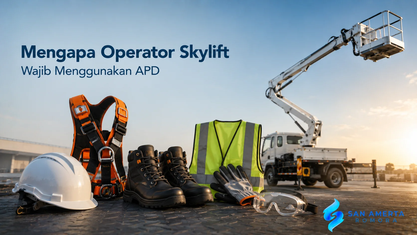 APD kerja ketinggian berupa helm keselamatan, full body harness, sepatu safety, sarung tangan, dan rompi reflektif untuk mendukung pekerjaan operator skylift