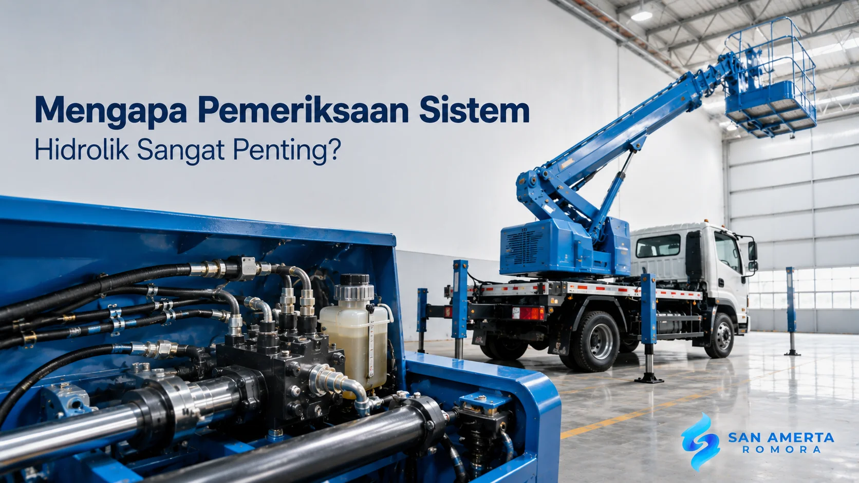Sistem hidrolik pada truk skylift dengan komponen boom dan selang hidrolik sebagai ilustrasi pemeriksaan sebelum operasional
