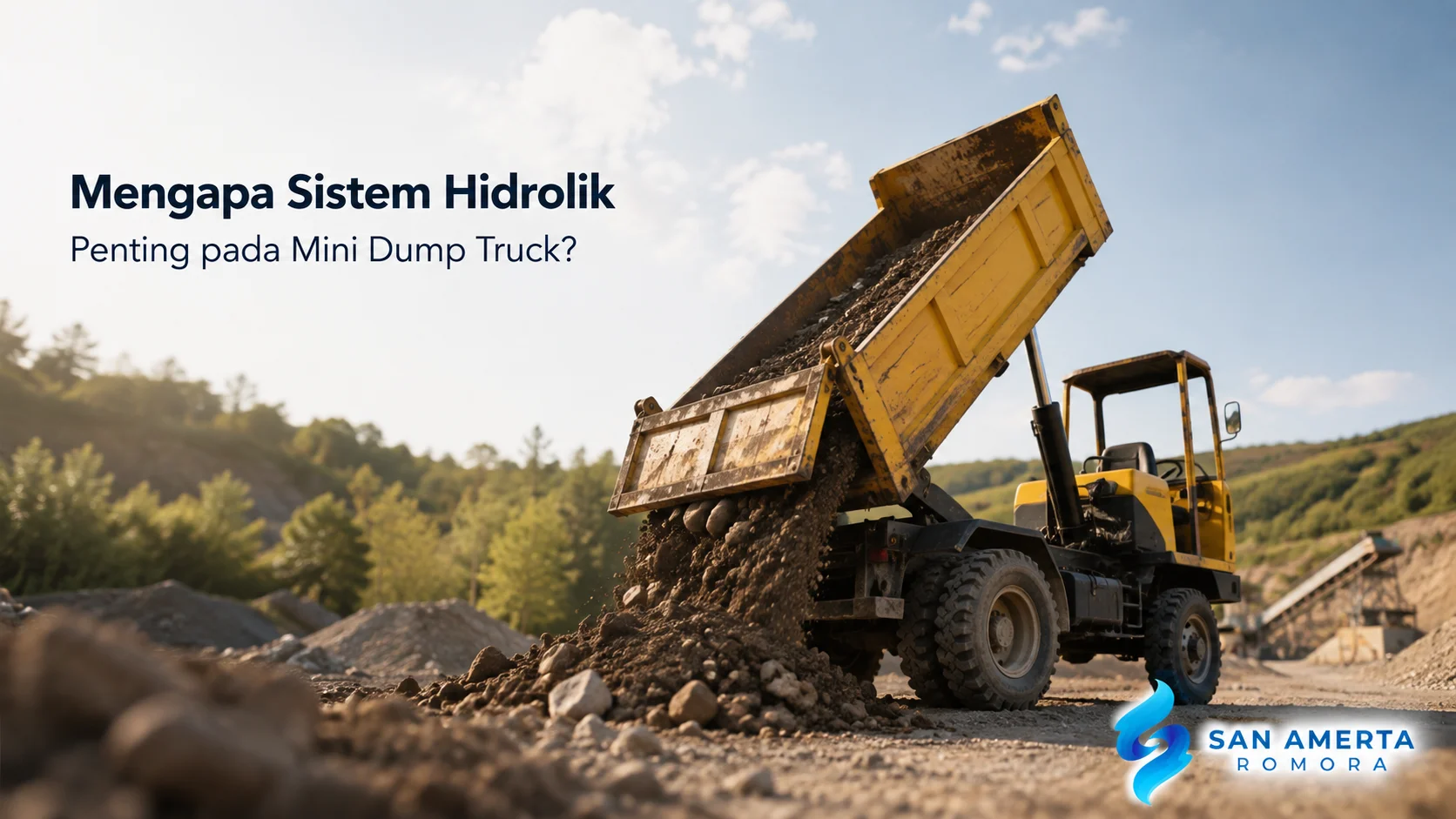 Mini dump truck dengan bak terangkat menggunakan sistem hidrolik.
