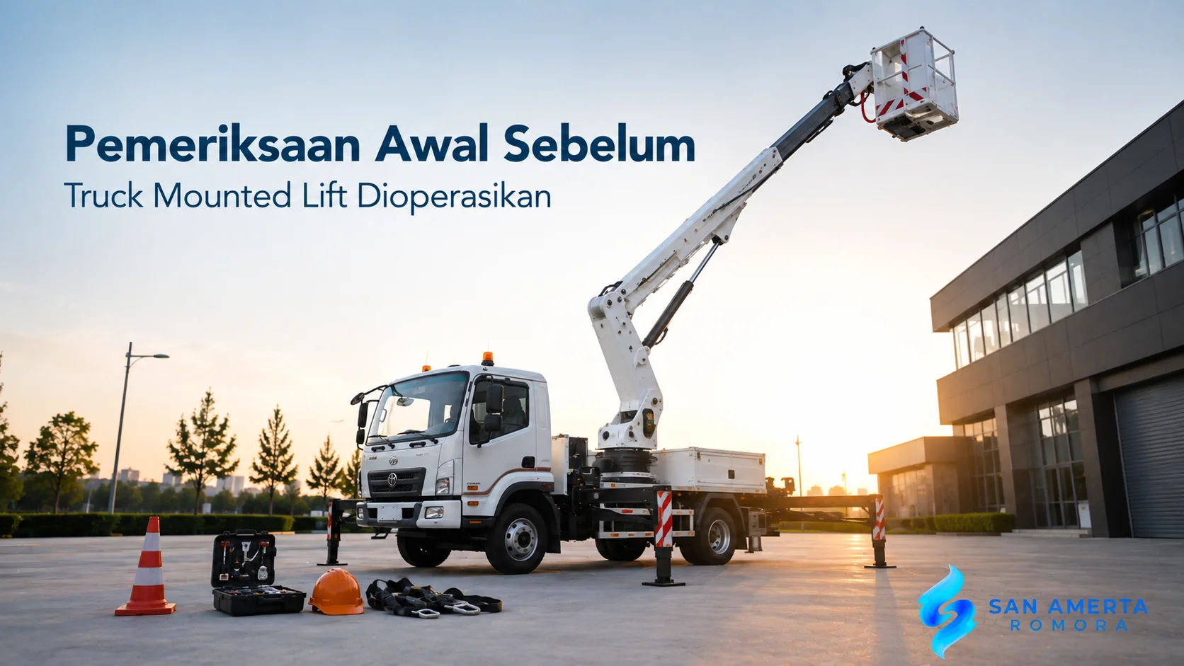 Truck Mounted Lift dengan boom hidrolik dan outrigger yang dipersiapkan sebelum digunakan untuk mendukung pekerjaan di area berketinggian
