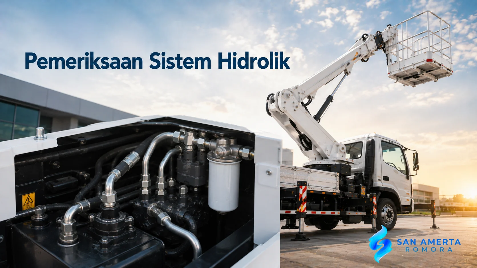 Sistem hidrolik pada skylift yang terdiri dari selang, pompa, filter, dan komponen hidrolik untuk mendukung pengoperasian yang aman dan optimal.