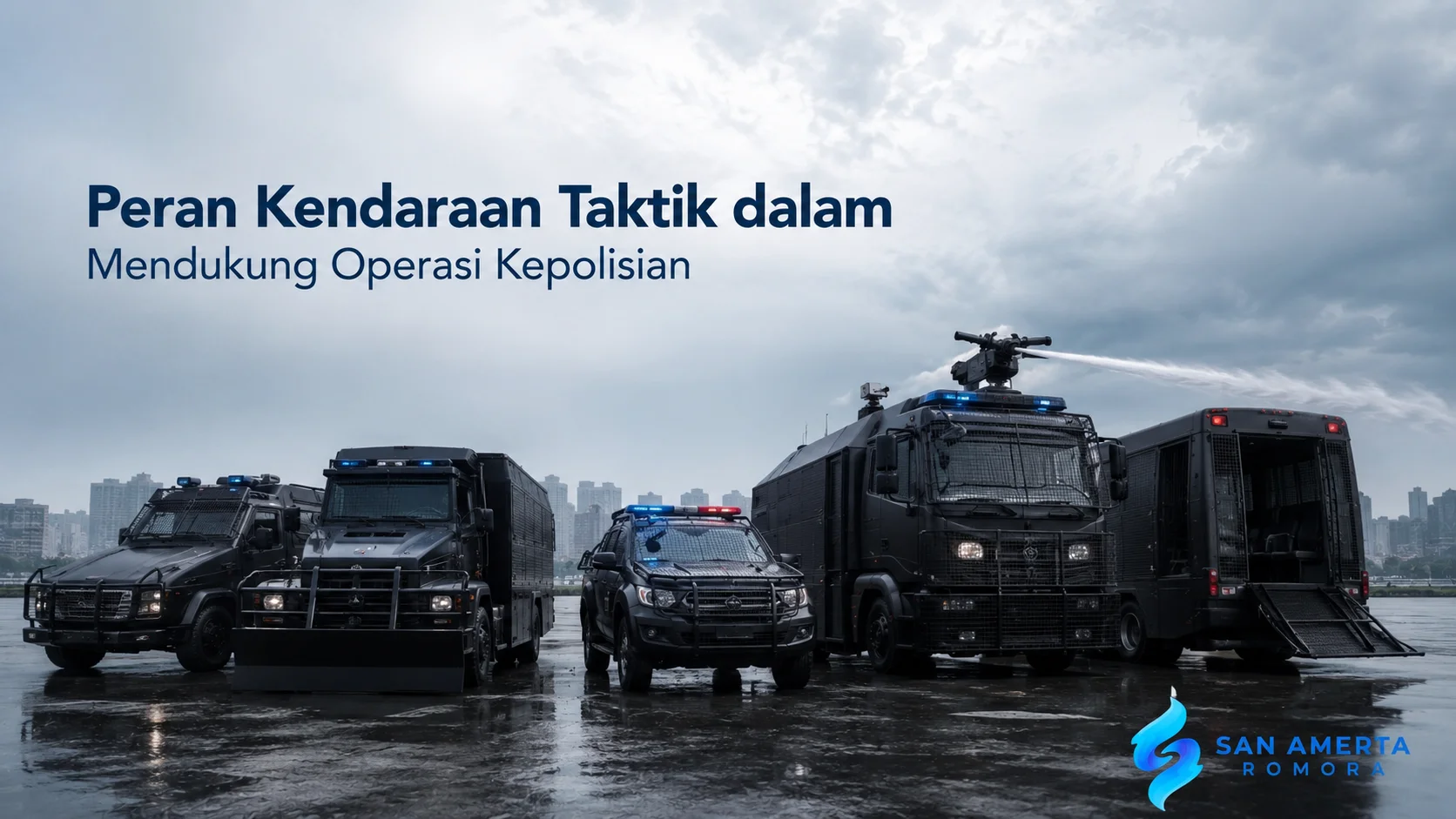 Berbagai kendaraan taktik kepolisian seperti mobil Dalmas, kendaraan komando, kendaraan taktis, dan water cannon yang mendukung operasi pengamanan di lapangan