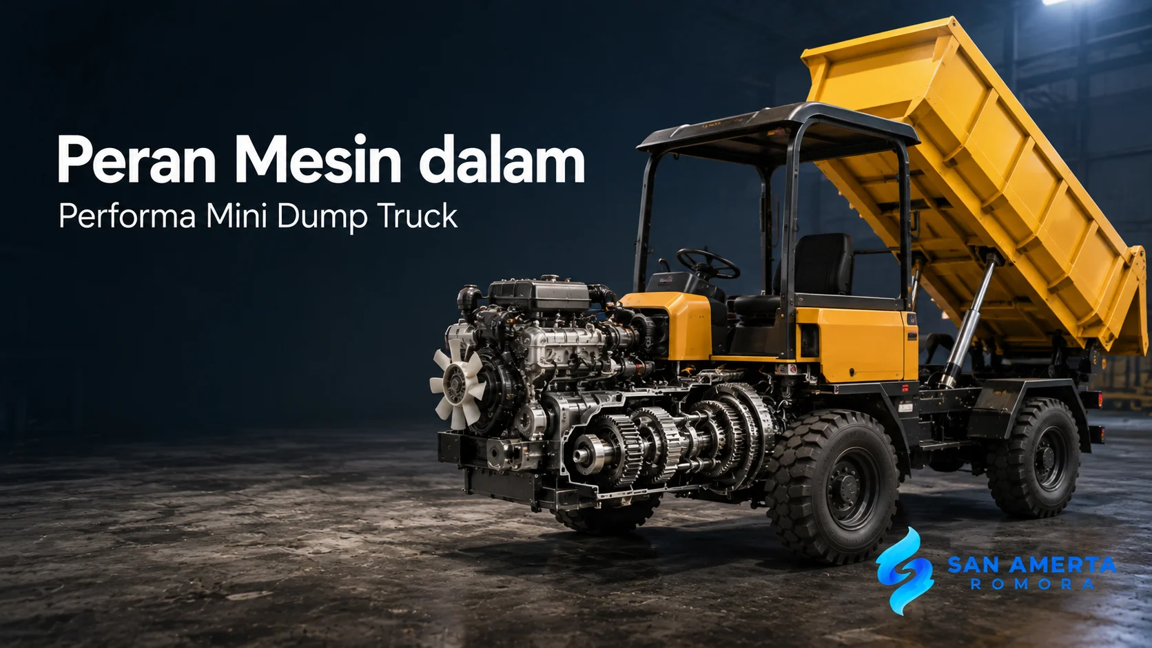Banner Peran Mesin dalam Performa Mini Dump Truck dengan tampilan mesin dan sistem transmisi kendaraan.