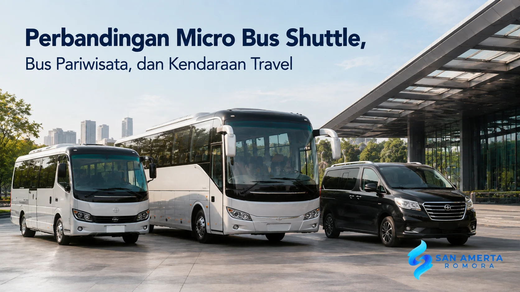 Micro bus shuttle, bus pariwisata, dan kendaraan travel ditampilkan berdampingan sebagai ilustrasi perbandingan armada transportasi berdasarkan kapasitas dan kebutuhan perjalanan