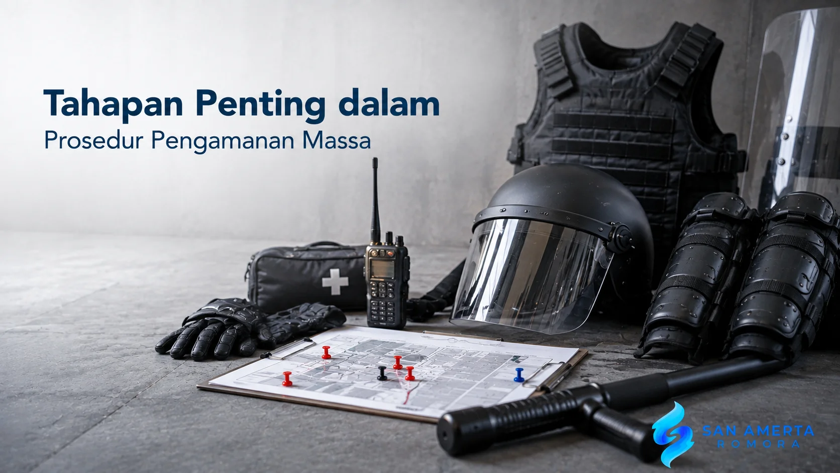 Perlengkapan pengamanan massa dan peta perencanaan operasi yang digunakan untuk mendukung persiapan, koordinasi, dan pelaksanaan pengamanan di lapangan