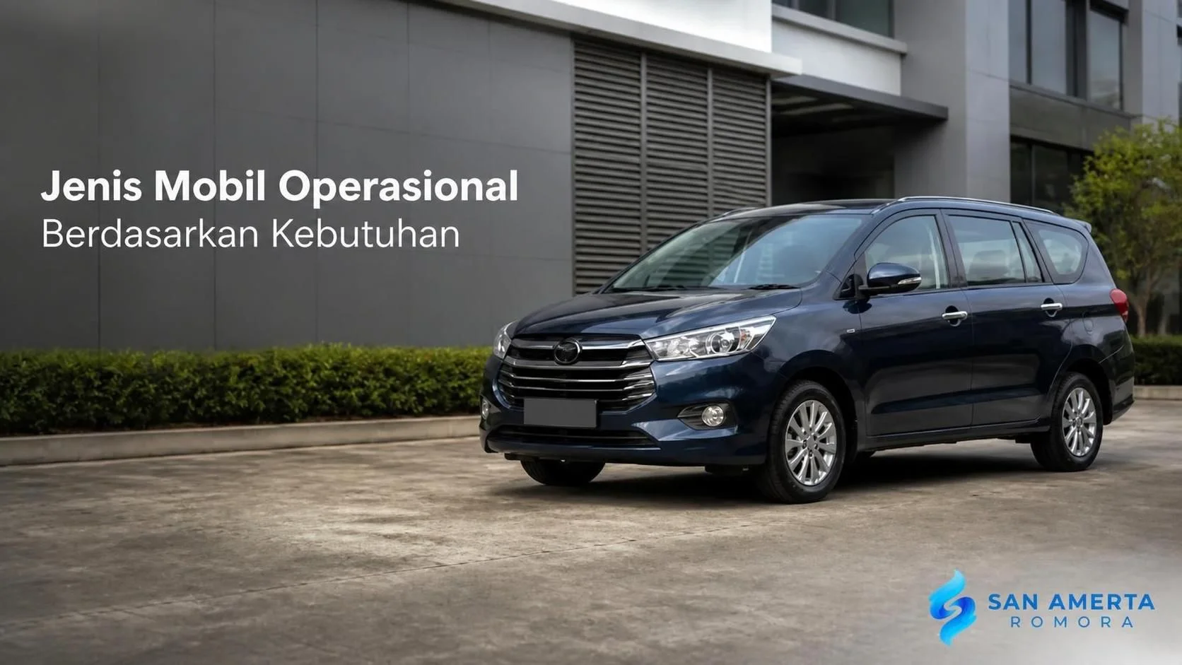 Banner tentang pengadaan mobil pemerintah berdasarkan kebutuhan operasional, menampilkan mobil operasional di area gedung perkantoran.