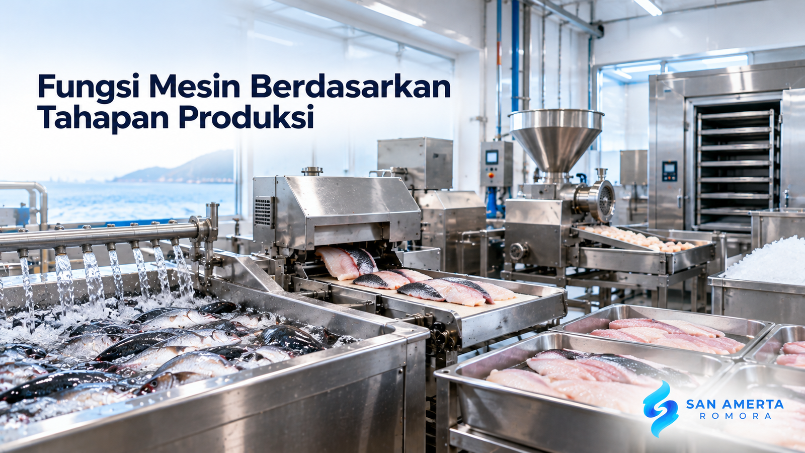 Mesin pengolahan hasil laut berbahan stainless steel untuk proses pencucian, pemotongan, dan pengolahan ikan di fasilitas industri.