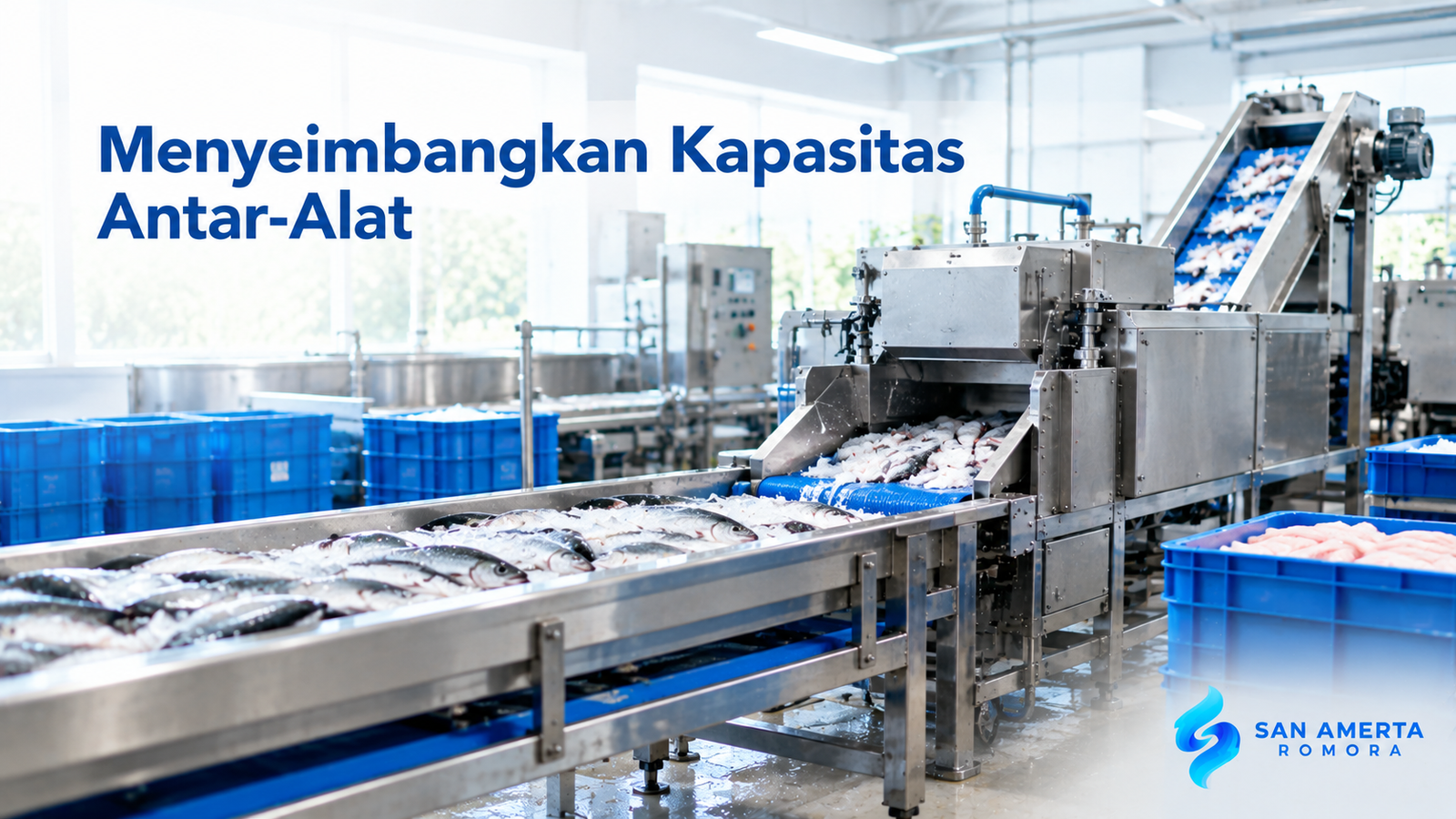 Lini mesin pengolahan perikanan berbahan stainless steel dengan konveyor dan pemisah daging ikan untuk mendukung produksi yang efisien dan higienis.