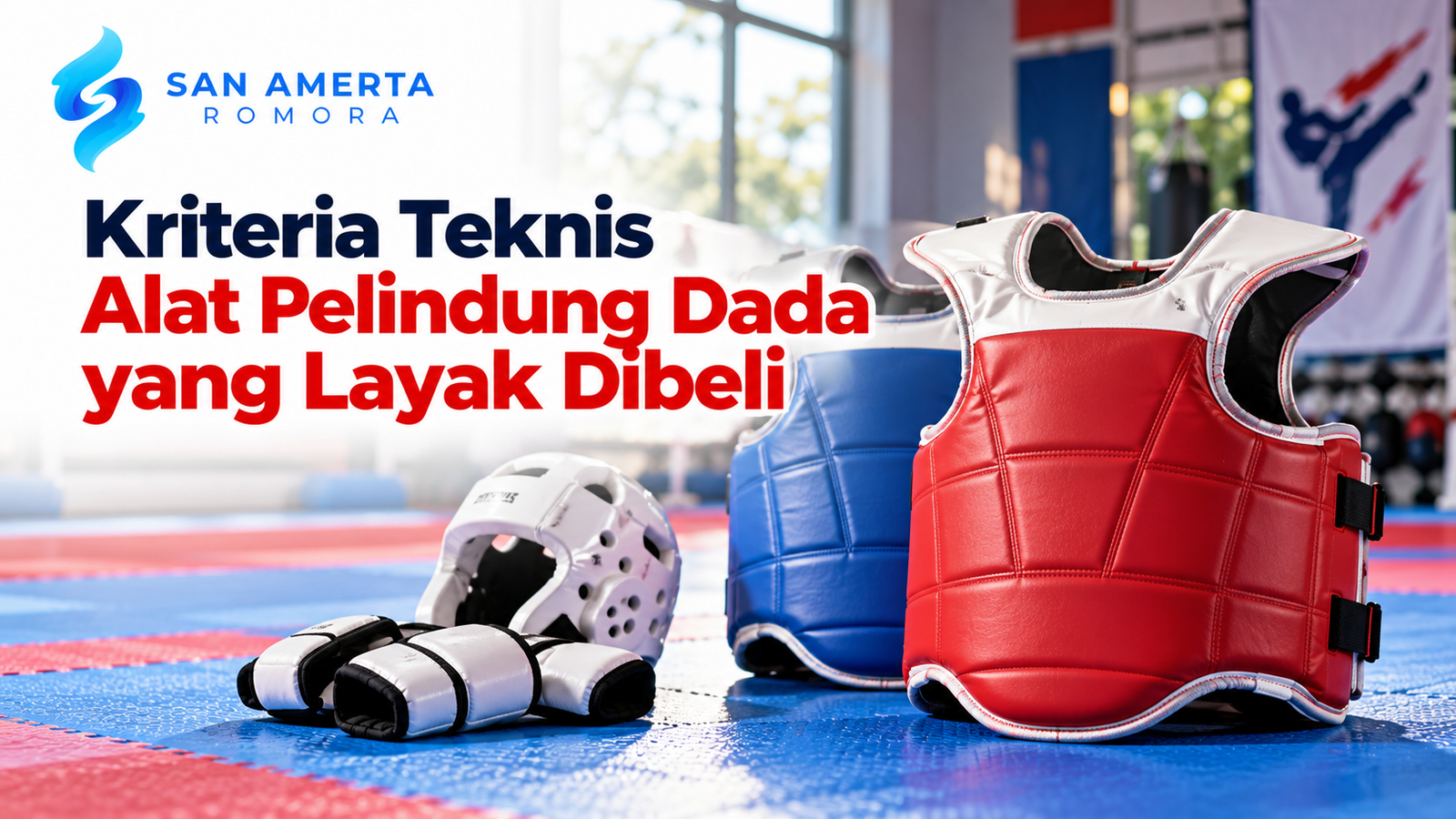 Body protector taekwondo merah dan biru dengan helm pelindung untuk latihan dan pertandingan bela diri.