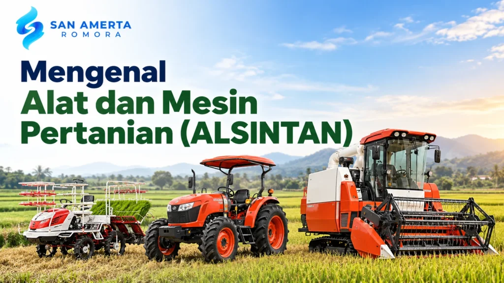 Distributor alsintan ber-TKDN dengan berbagai alat dan mesin pertanian, seperti traktor, rice transplanter, dan combine harvester di area persawahan.