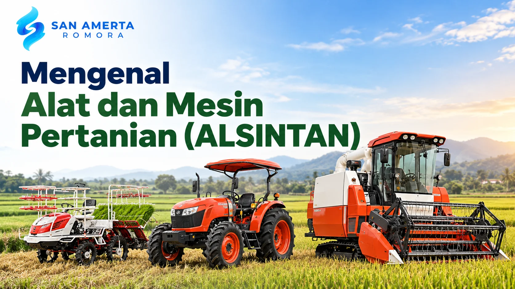 Distributor alsintan ber-TKDN dengan berbagai alat dan mesin pertanian, seperti traktor, rice transplanter, dan combine harvester di area persawahan.