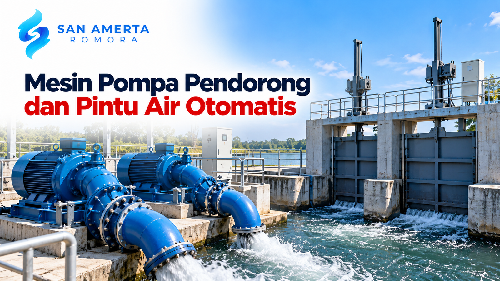 Mesin pompa pendorong industri dan pintu air otomatis untuk pengelolaan aliran air dan infrastruktur tata air, menampilkan logo San Amerta Romora.