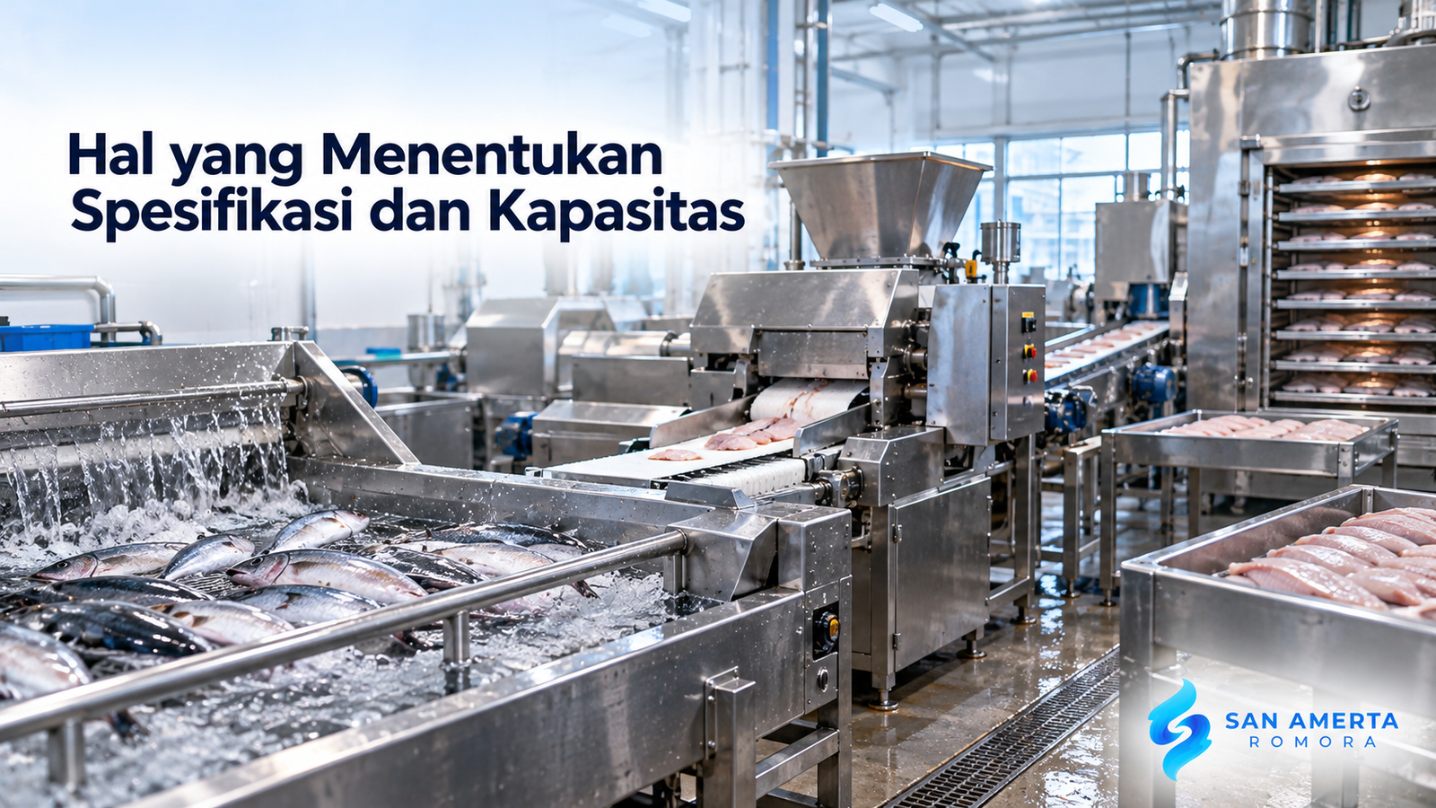 Mesin pengolahan ikan berbahan stainless steel untuk proses pencucian, pemotongan, dan pengolahan hasil laut.