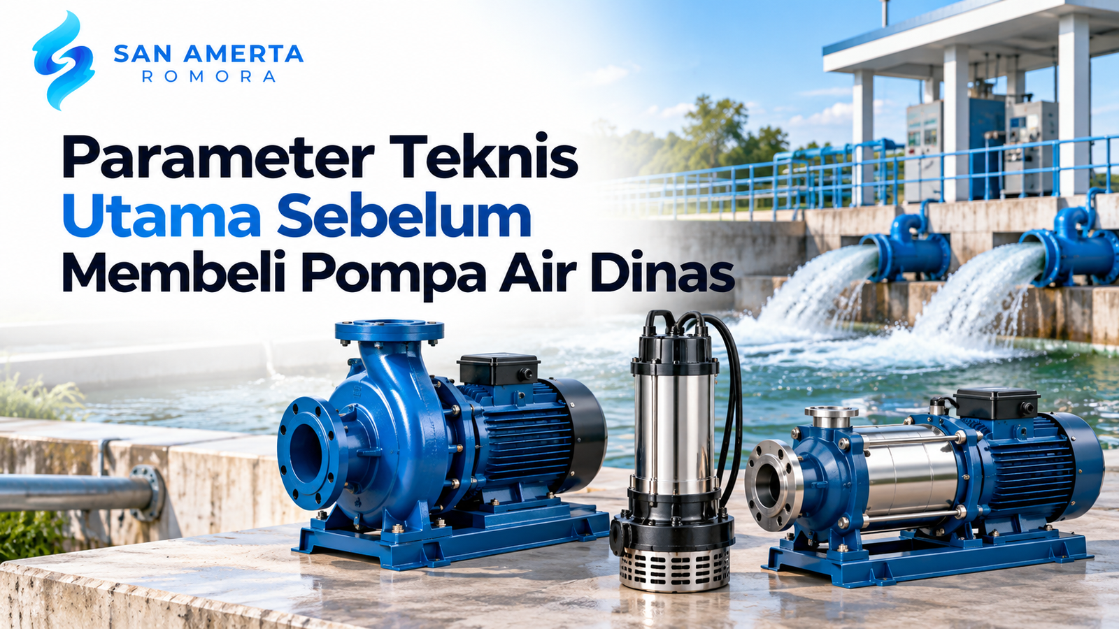 pompa air dinas dengan pompa centrifugal, pompa submersible, dan pompa multistage untuk kebutuhan infrastruktur air, menampilkan logo San Amerta Romora.