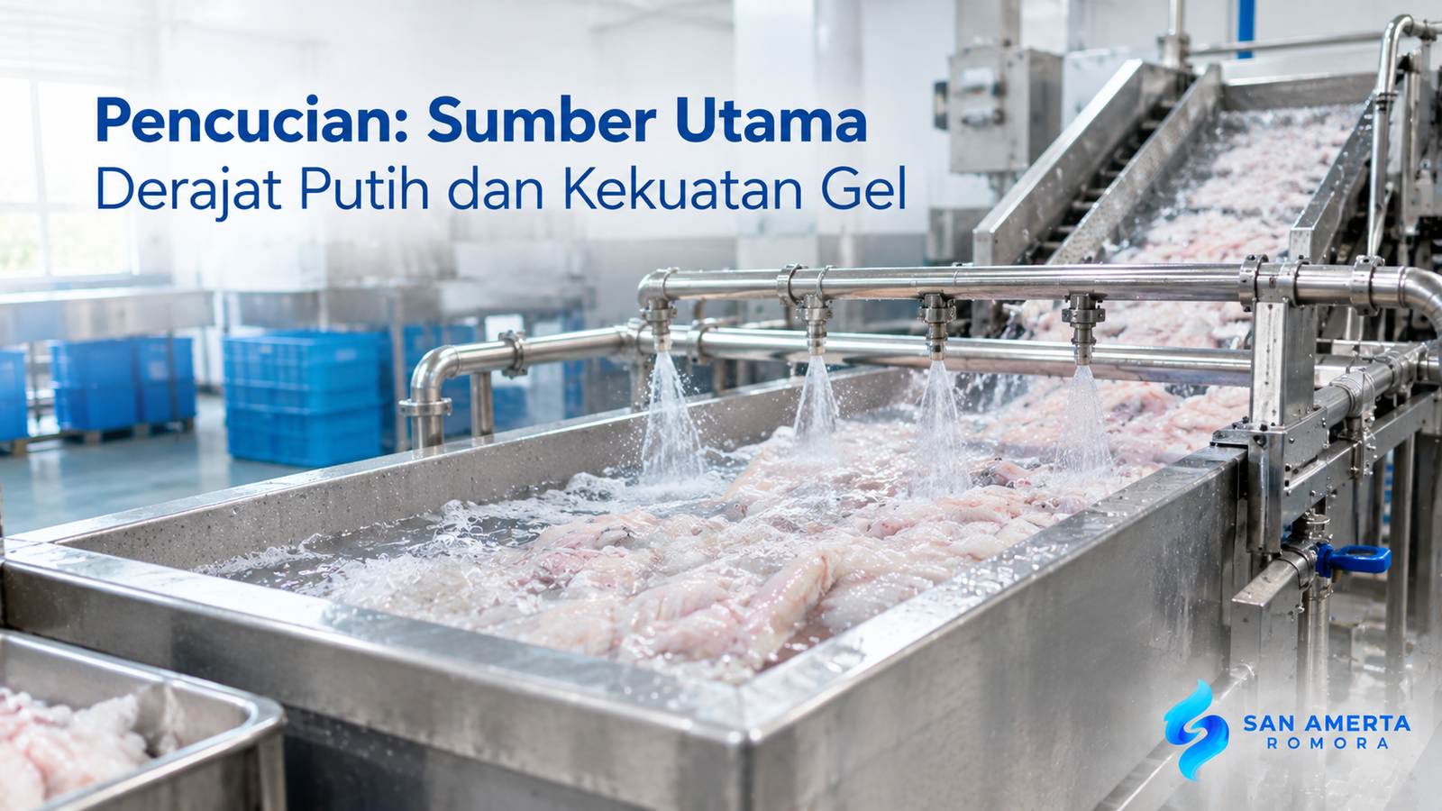 Mesin pencuci daging ikan berbahan stainless steel untuk proses produksi surimi yang higienis dan menjaga kualitas bahan baku.