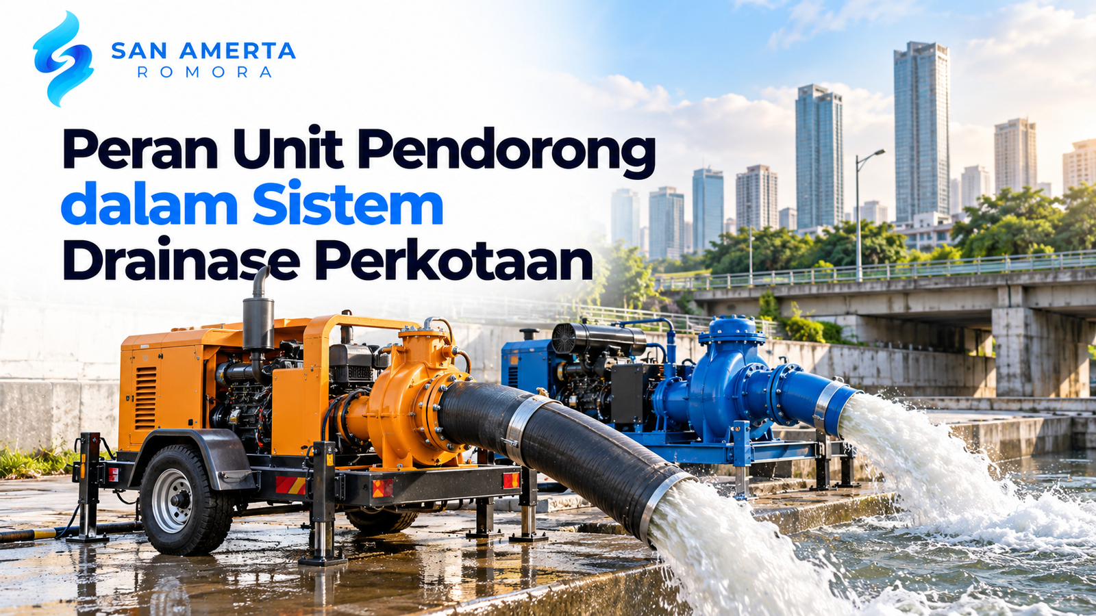 pompa banjir pemerintah berupa pompa diesel portable dan pompa industri berkapasitas besar untuk sistem drainase perkotaan, menampilkan logo San Amerta Romora.