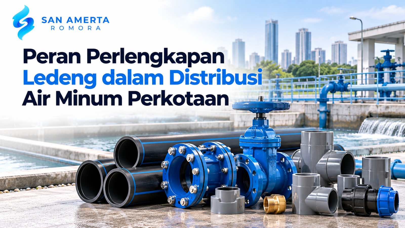 perlengkapan ledeng PDAM berupa pipa HDPE, gate valve, fitting, dan sambungan perpipaan untuk jaringan distribusi air minum, menampilkan logo San Amerta Romora.