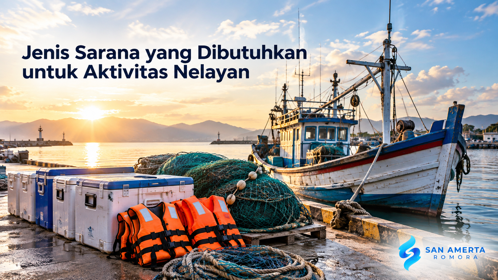 Sarana nelayan berupa kapal penangkap ikan, jaring, cool box, dan pelampung untuk mendukung aktivitas melaut.